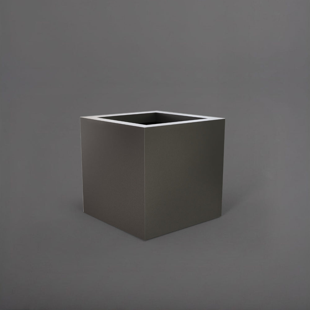Montroy Cube Fiberglass Planter in matte gunmetal against gray background.