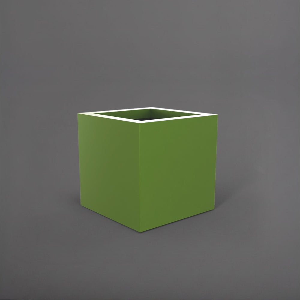 Montroy Cube Fiberglass Planter in satin green against gray background.