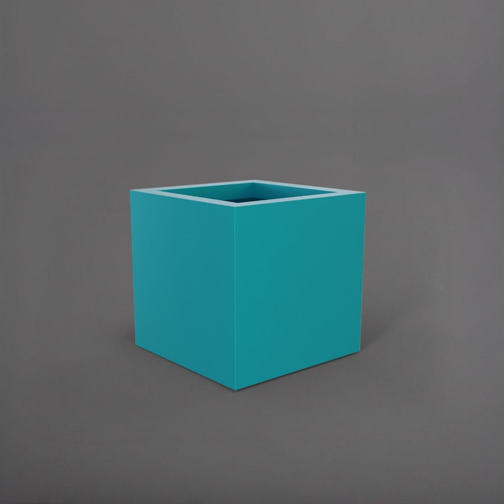 Montroy Cube Fiberglass Planter in satin seafoam green against gray background.
