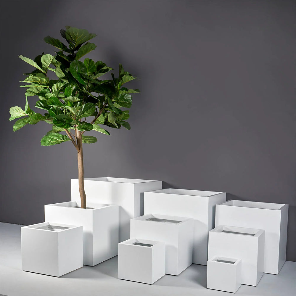 Montroy Cube Fiberglass Planter shown with different sizes filled with plants.