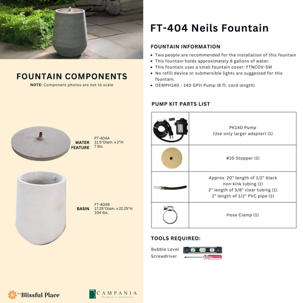 Complete overview of the Neils Fountain with dimensions, weights, pump kit parts, tools, and general info.