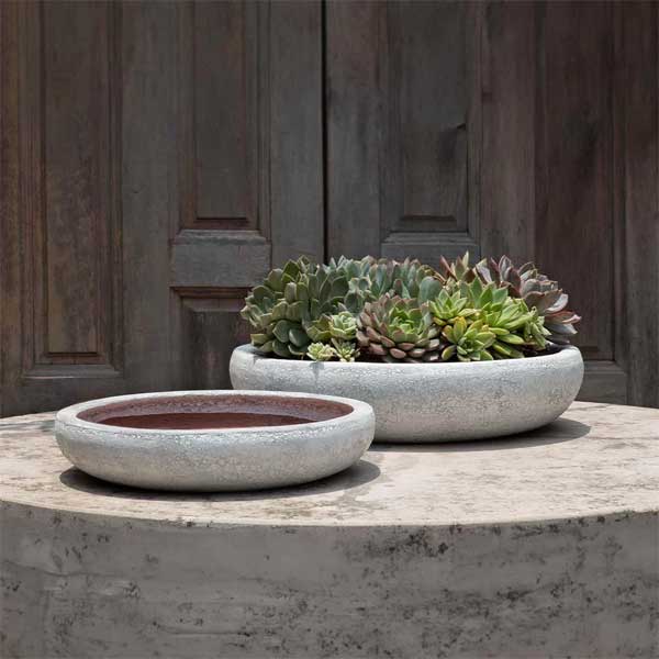 Nico Bowl Planter - White Coral - S/2 on concrete filled with plants