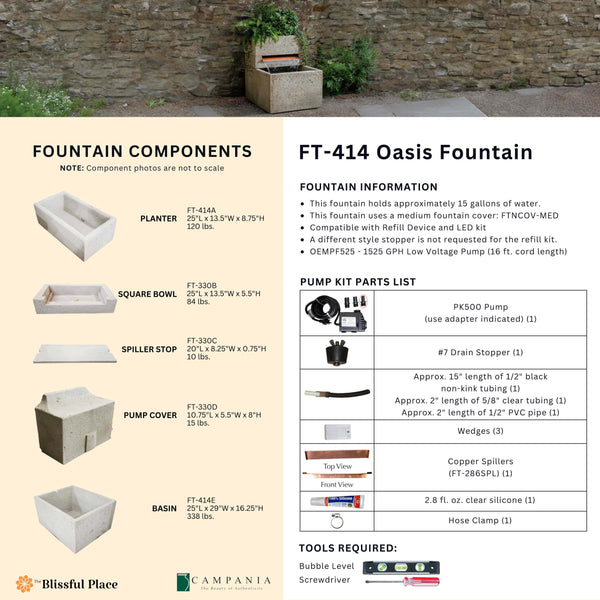 Complete overview of the Oasis Fountain with dimensions, weights, pump kit parts, tools, and general info.