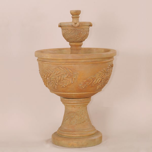 Oliva Two Tier Fountain against brown background.