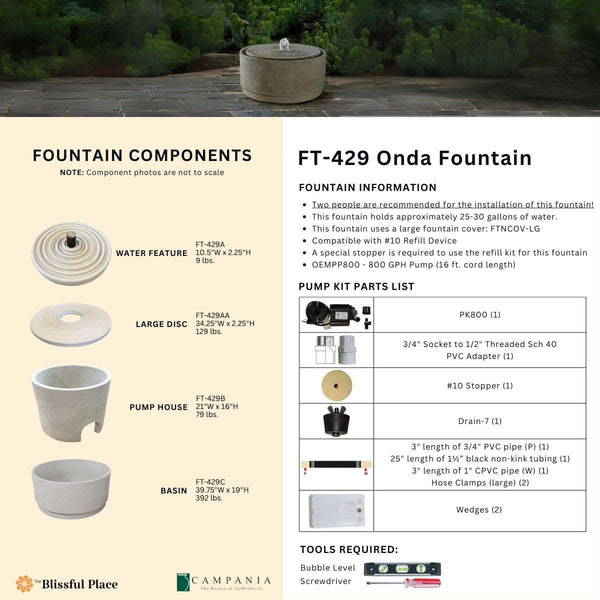 Complete overview of the Onda Fountain with dimensions, weights, pump kit parts, tools, and general info.