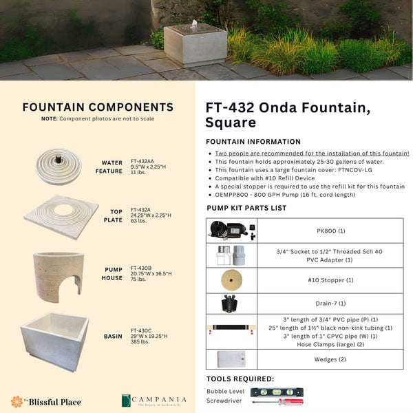 Complete overview of the Onda Fountain, Square with dimensions, weights, pump kit parts, tools, and general info.