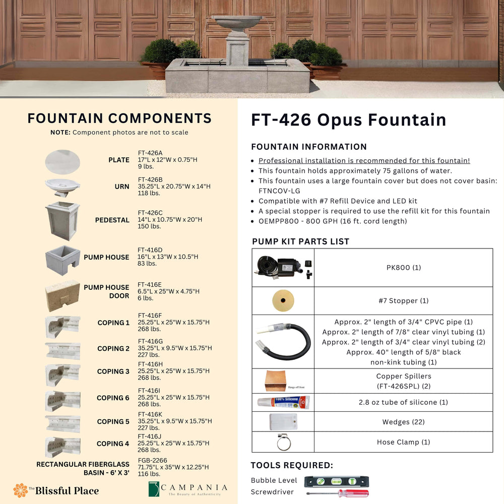 Complete overview of the Opus Fountain with dimensions, weights, pump kit parts, tools, and general info.