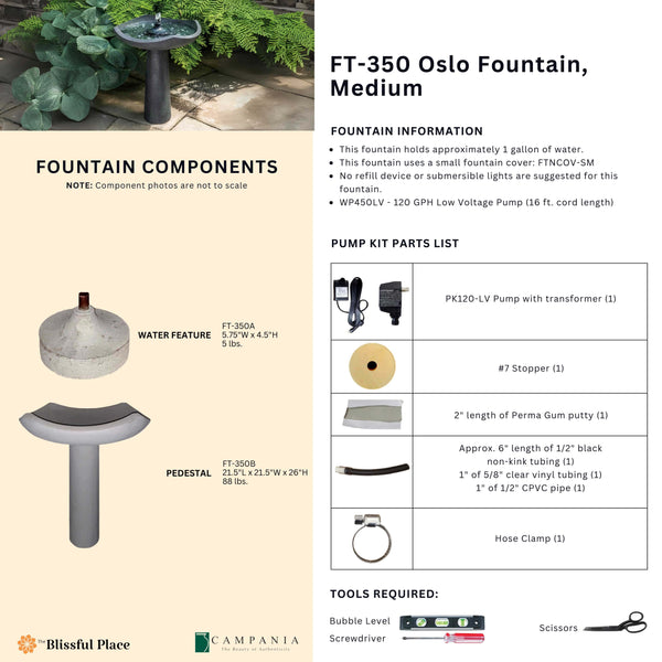 Complete overview of the Oslo Fountain, Medium with dimensions, weights, pump kit parts, tools, and general info.