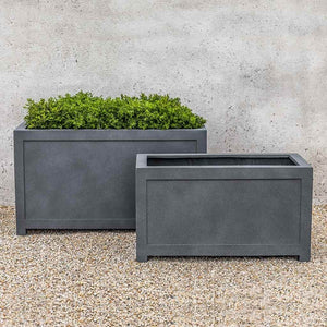 Oxford Rectangle Planter, Small - English Lead Lite on gravel filled with plants