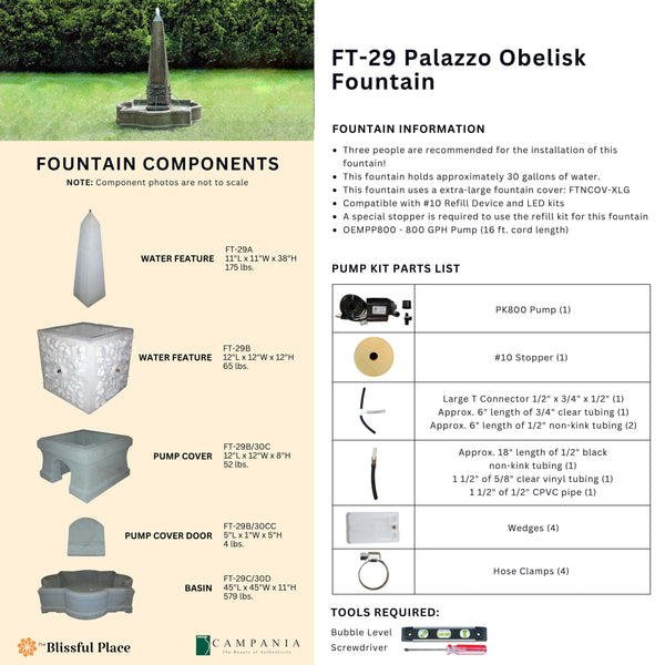 Complete overview of the Palazzo Obelisk Fountain with dimensions, weights, pump kit parts, tools, and general info.