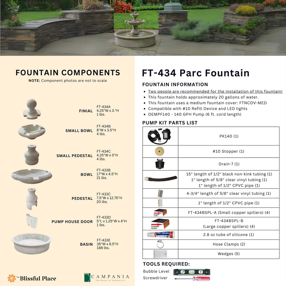 Complete overview of the Parc Fountain with dimensions, weights, pump kit parts, tools, and general info.