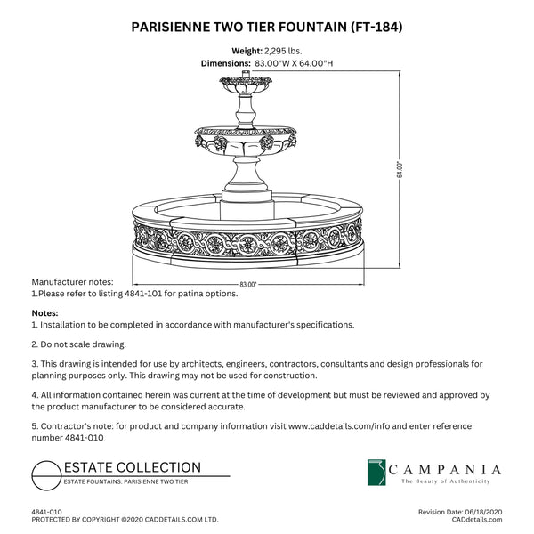 CAD drawing of the Parisienne Two Tier Fountain with dimensions, weight, and manufacturer notes.