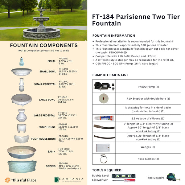 Complete overview of the Parisiene Two Tier Fountain with dimensions, weights, pump kit parts, tools, and general info.