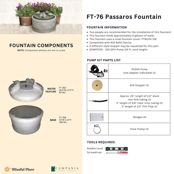 Complete overview of the Passaros Fountain with dimensions, weights, pump kit parts, tools, and general info.