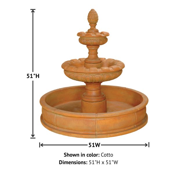 Patio Artistes Two Tier Pond Fountain against white background with product details.