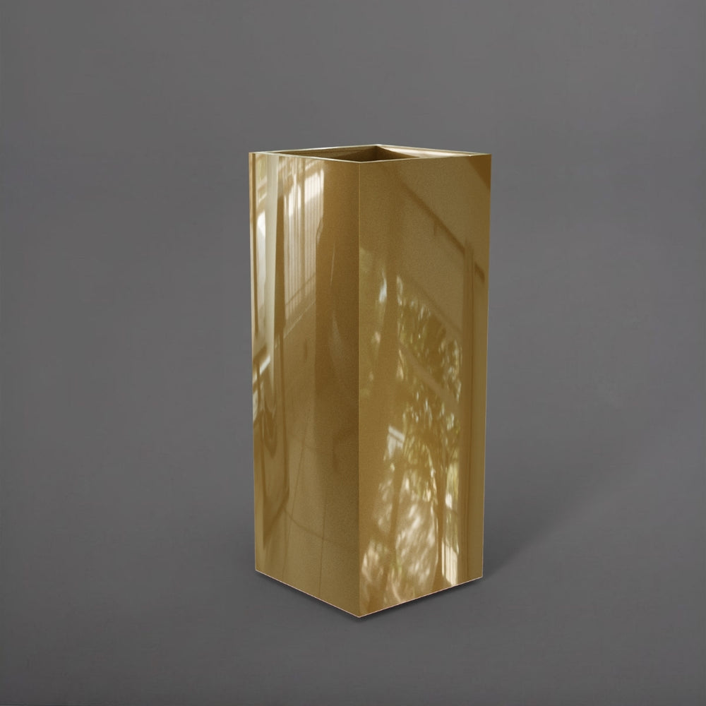 Perth Tall Corner Fiberglass Planter in gloss metallic gold against gray background.