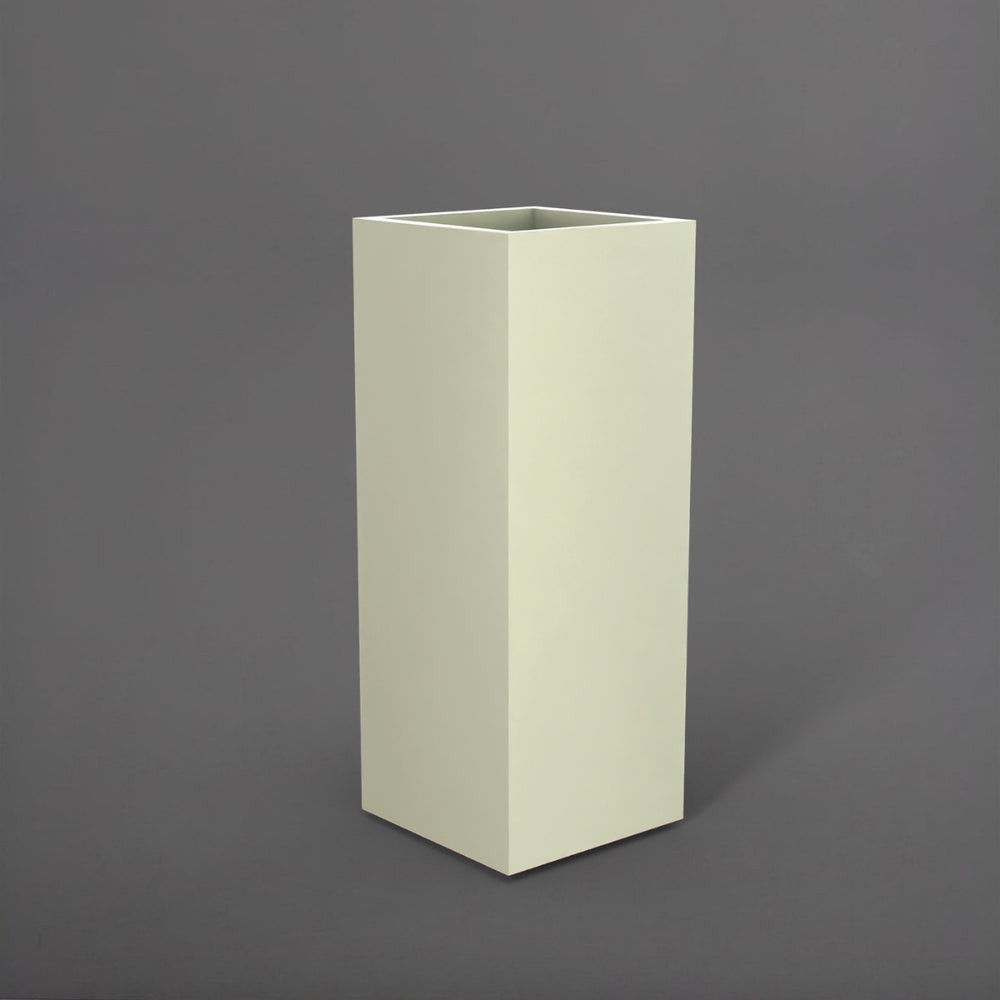 Perth Tall Corner Fiberglass Planter in satin beige against gray background.