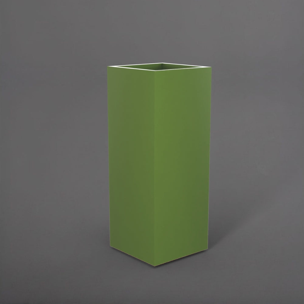 Perth Tall Corner Fiberglass Planter in satin green against gray background.