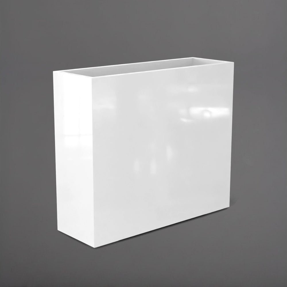 Perth Tall Rectangle Fiberglass Planter in gloss bright white against gray background.