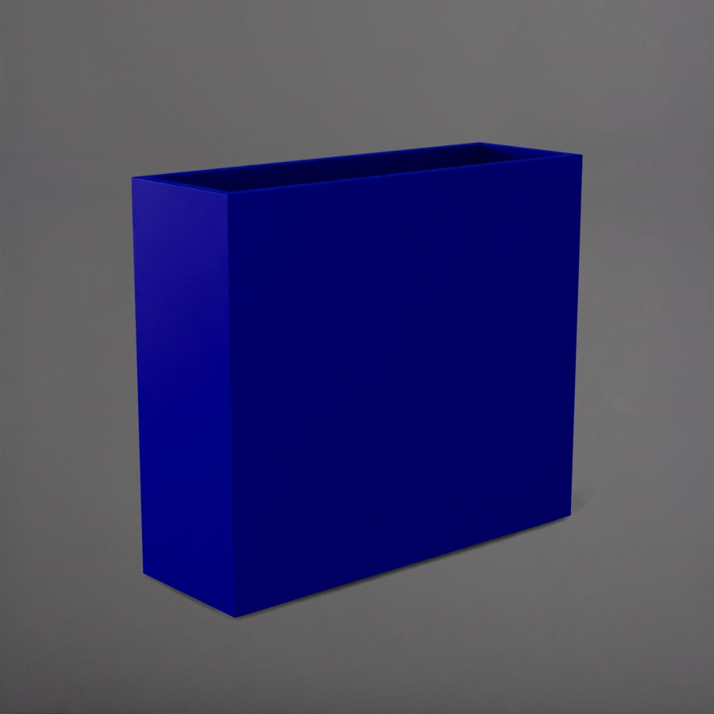 Perth Tall Rectangle Fiberglass Planter in matte cobalt blue against gray background.