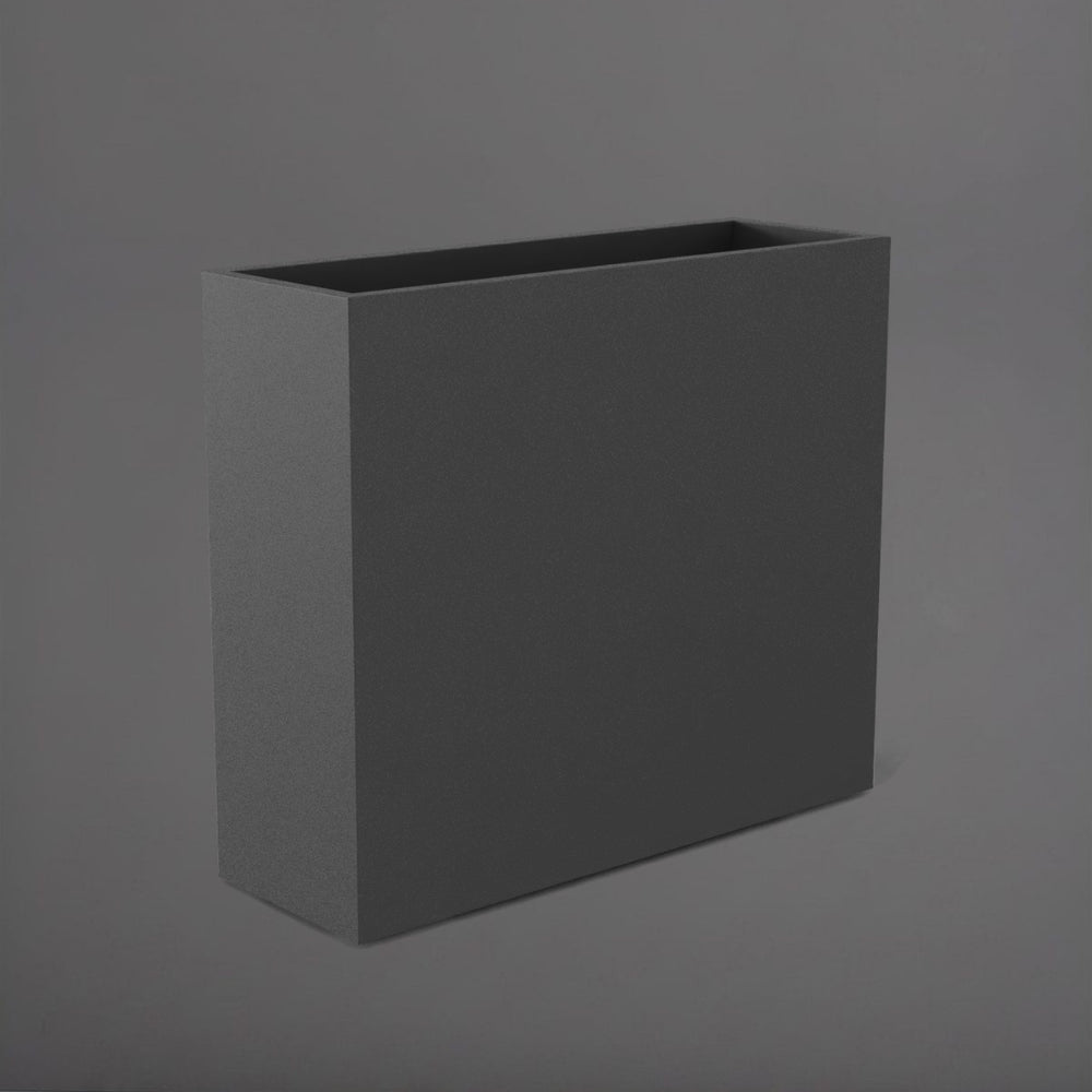 Perth Tall Rectangle Fiberglass Planter in matte gunmetal against gray background.