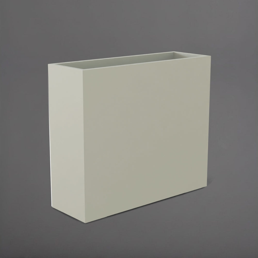 Perth Tall Rectangle Fiberglass Planter in satin beige against gray background.