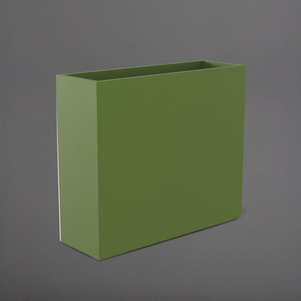 Perth Tall Rectangle Fiberglass Planter in satin green against gray background.