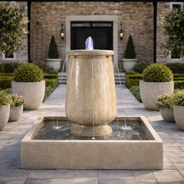 Planum Courtyard Fountain in action centerpiece in the backyard.