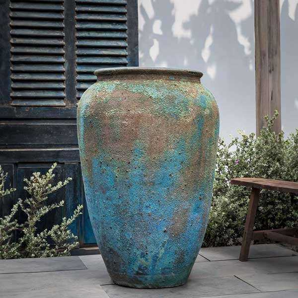 Porto Jar Planter - Blue Verdigris - S/1 on concrete in the backyard