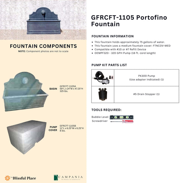 Complete overview of the Portofino Fountain with dimensions, weights, pump kit parts, tools, and general info.