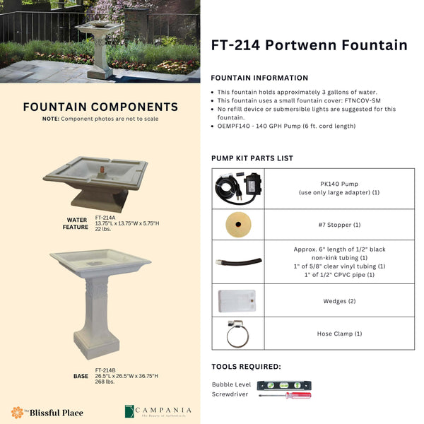 Complete overview of the Portwenn Fountain with dimensions, weights, pump kit parts, tools, and general info.