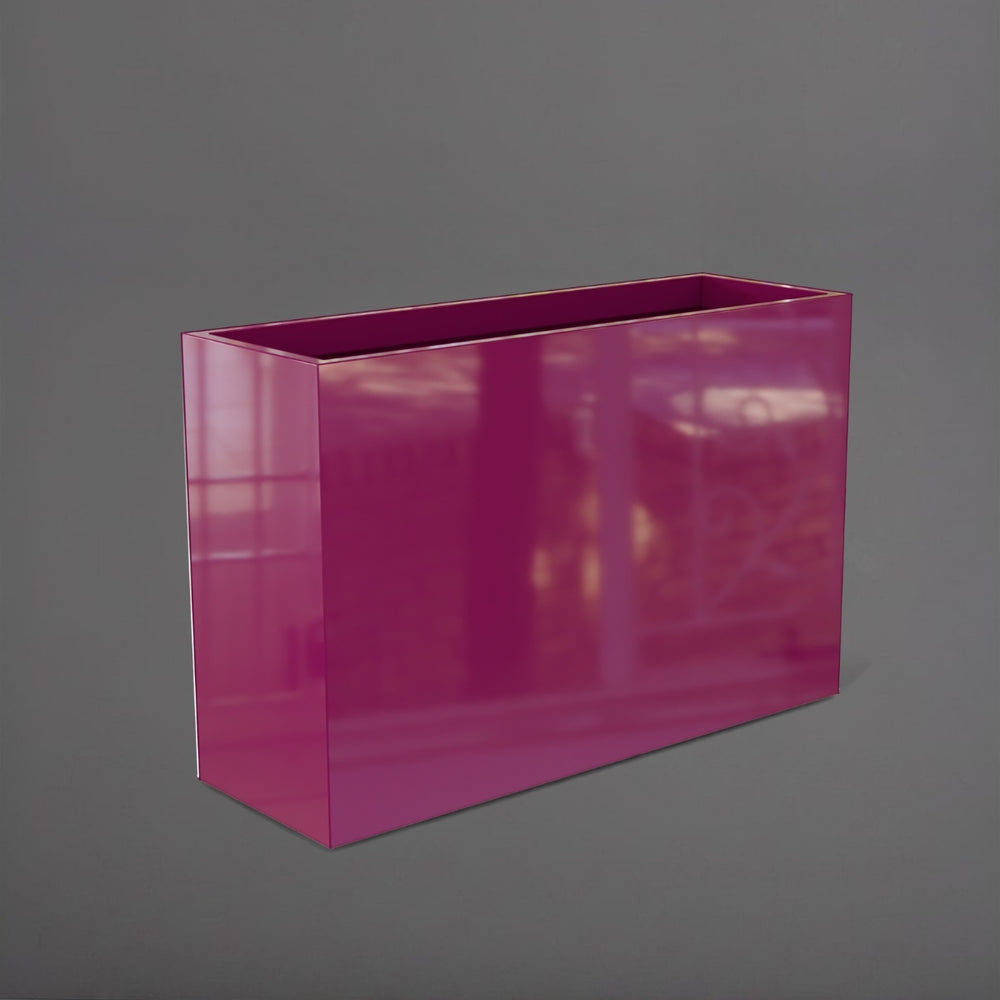 Potsdam Rectangle Fiberglass Planter in gloss eggplant against gray background.