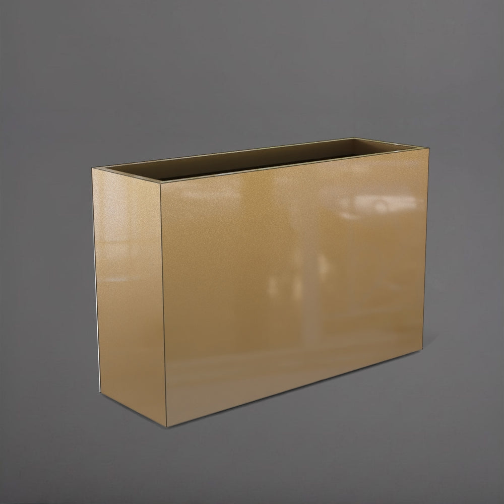 Potsdam Rectangle Fiberglass Planter in gloss metallic gold against gray background.