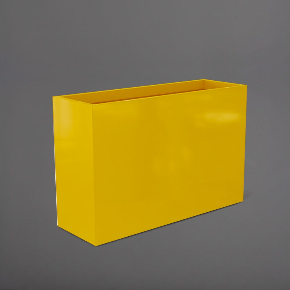 Potsdam Rectangle Fiberglass Planter in gloss saffron against gray background.