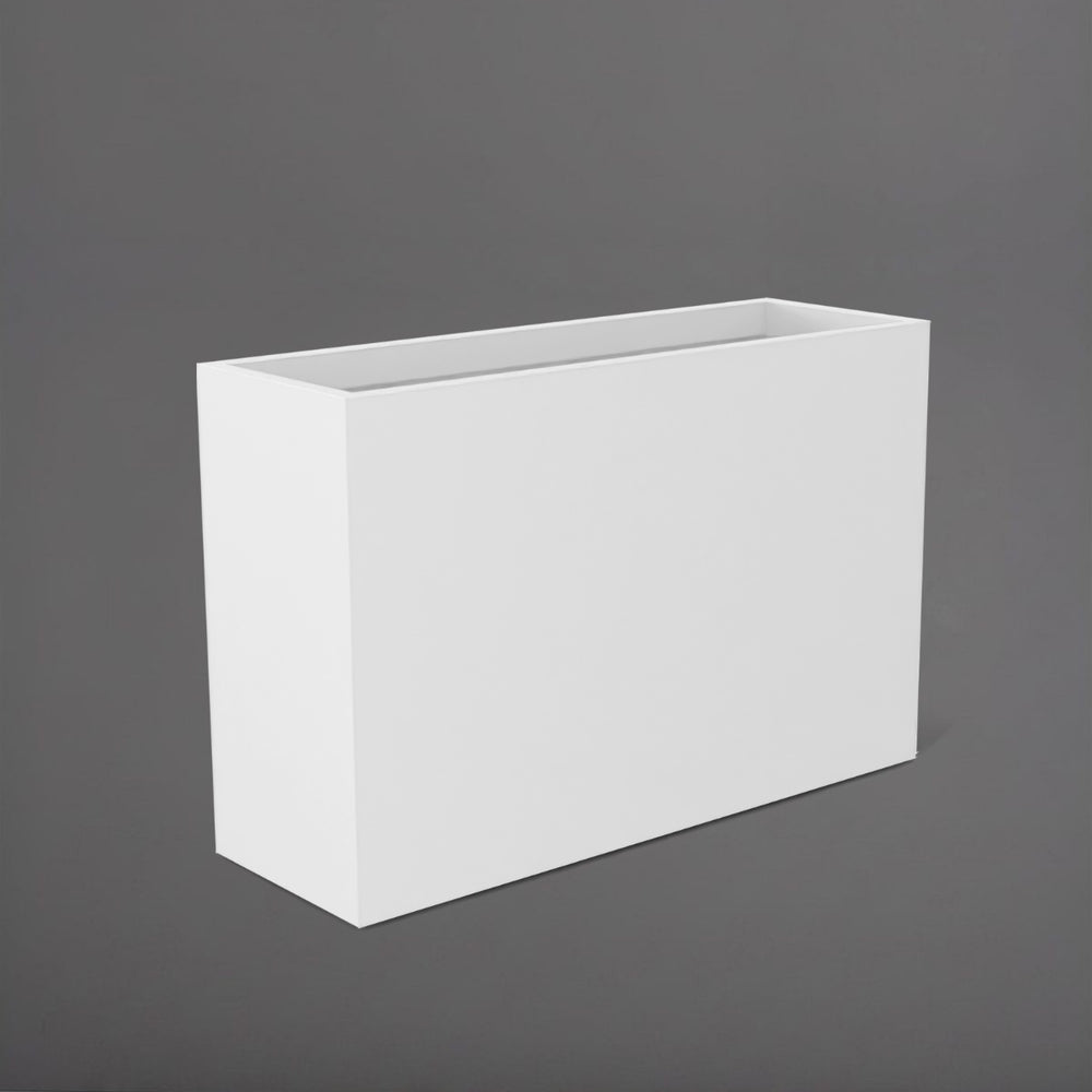 Potsdam Rectangle Fiberglass Planter in matte bright white against gray background.