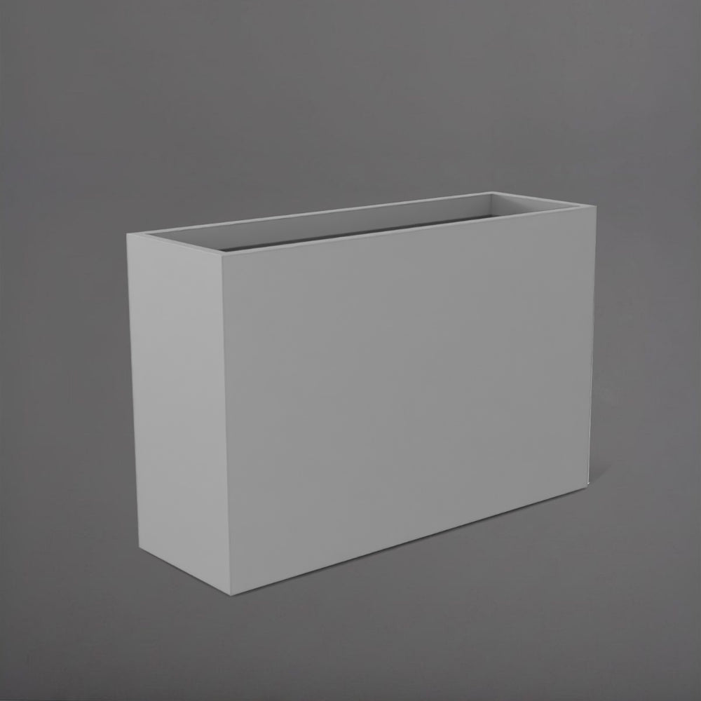 Potsdam Rectangle Fiberglass Planter in matte cement grey against gray background.