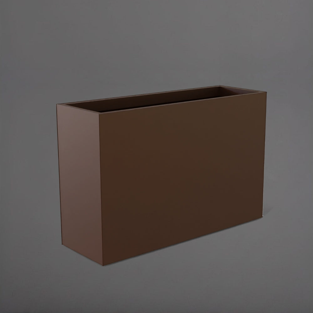 Potsdam Rectangle Fiberglass Planter in matte dark brown against gray background.
