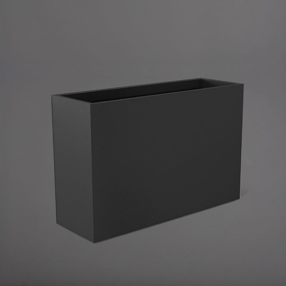 Potsdam Rectangle Fiberglass Planter in matte gunmetal against gray background.