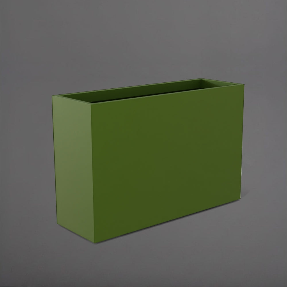 Potsdam Rectangle Fiberglass Planter in satin green against gray background.
