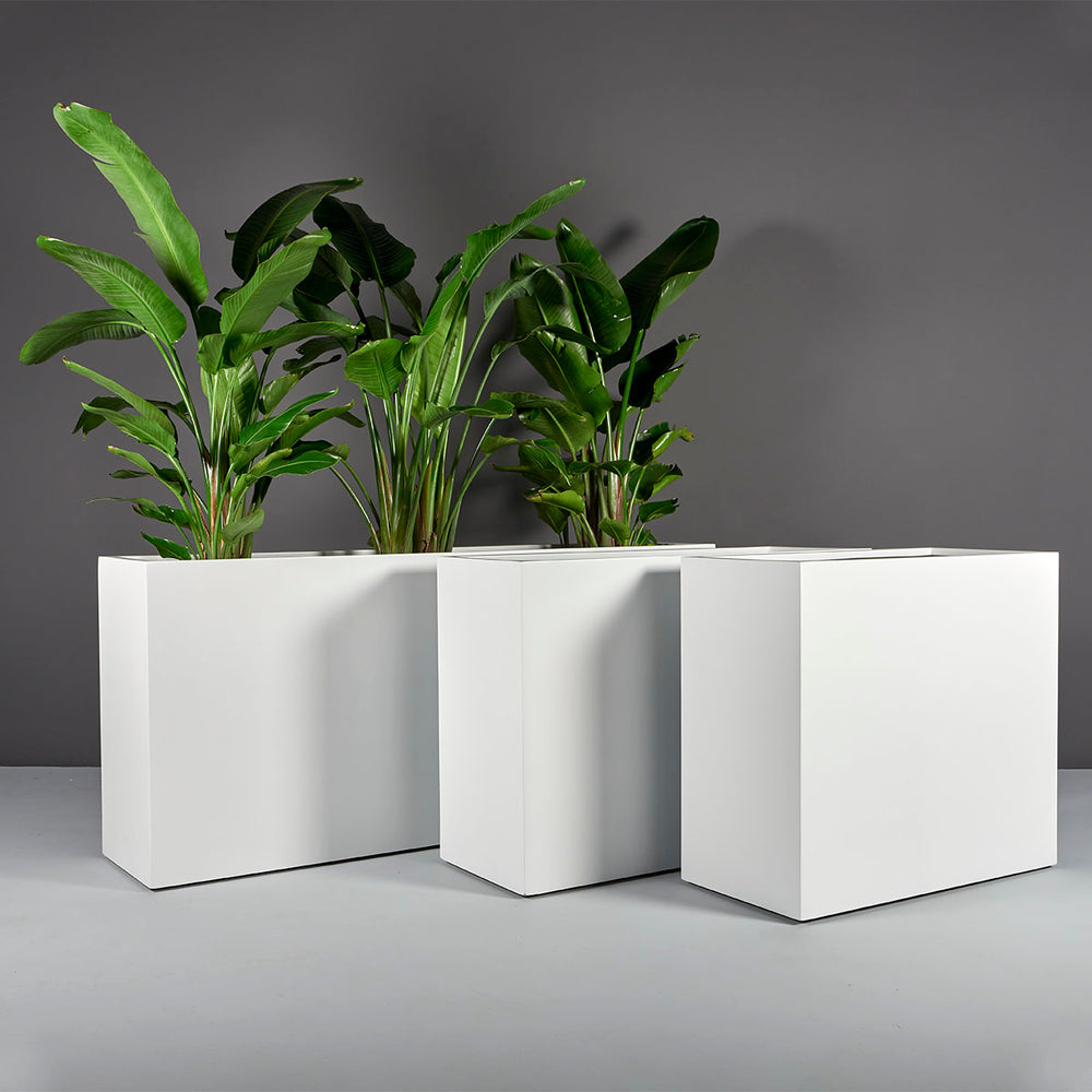 Potsdam Rectangle Fiberglass Planter shown with different sizes filled with plants.