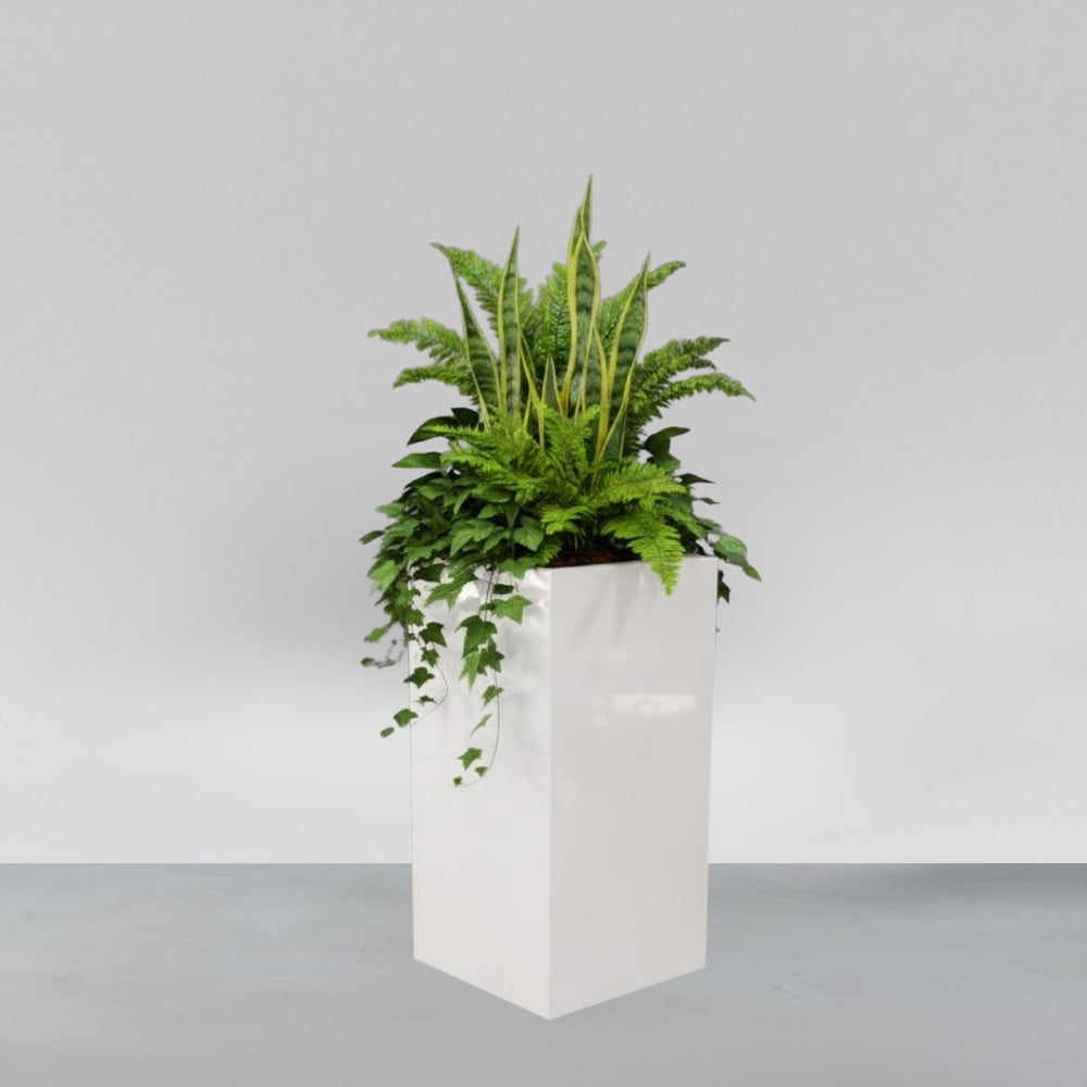 Potsdam Tall Corner Fiberglass Planter filled with plants against gray background.