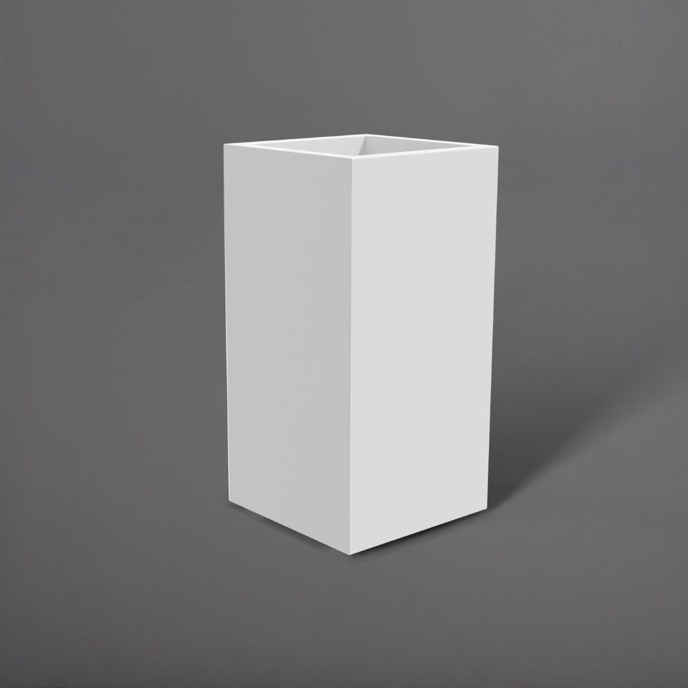 Potsdam Tall Corner Fiberglass Planter in matte bright white against gray background.