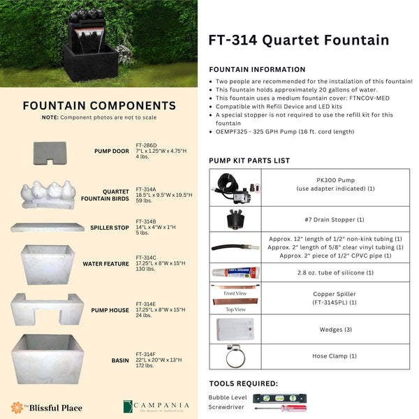 Complete overview of the Quartet Fountain with dimensions, weights, pump kit parts, tools, and general info.