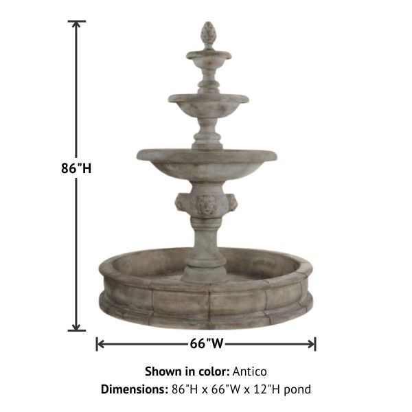Quattro Lion Three Tier Pond Fountain with product details.