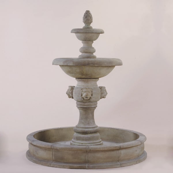 Quatro Lion Two Tier Pond Fountain against gray background.