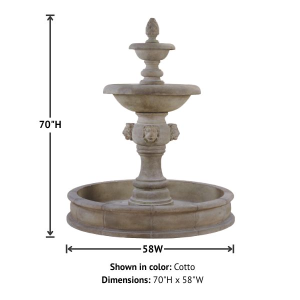 Quattro Lion Two Tier Pond Fountain against white background with product details.