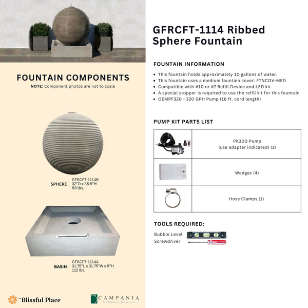 Complete overview of the Ribbed Sphere Fountain with dimensions, weights, pump kit parts, tools, and general info.