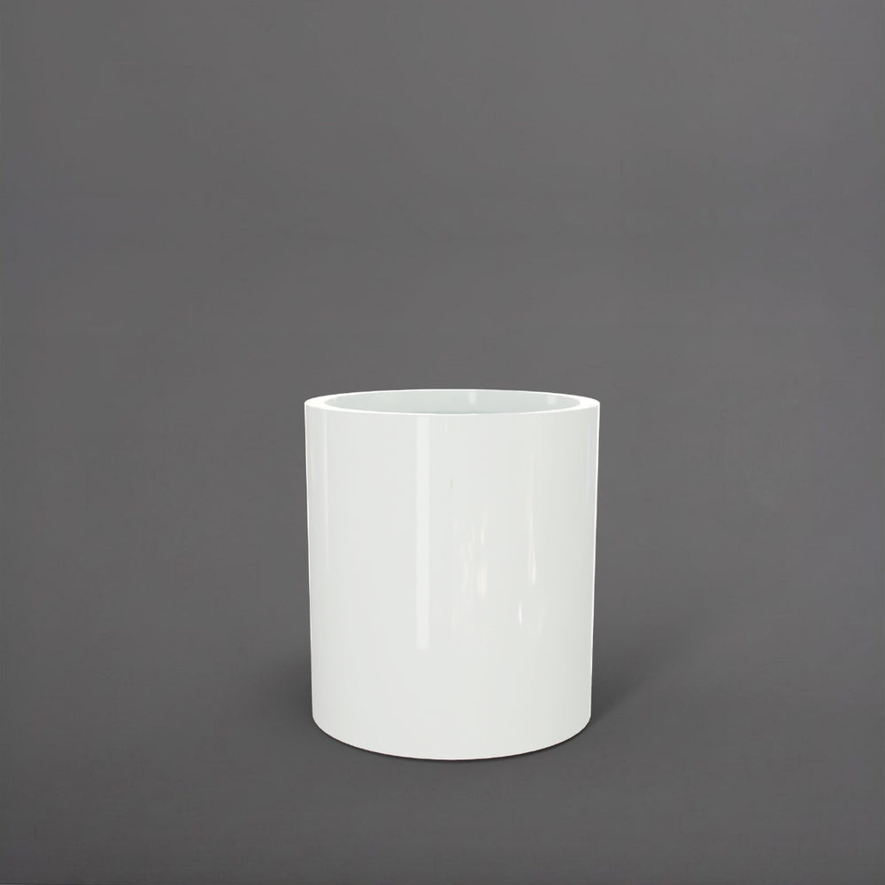 Rio Grande Cylinder Fiberglass Planter in gloss bright white against gray background.