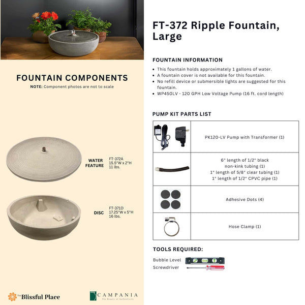 Complete overview of the Ripple Fountain, Large with dimensions, weights, pump kit parts, tools, and general info.