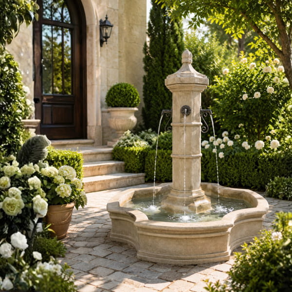 Roubaix Pond Fountain for Rustic Spouts in action in the backyard